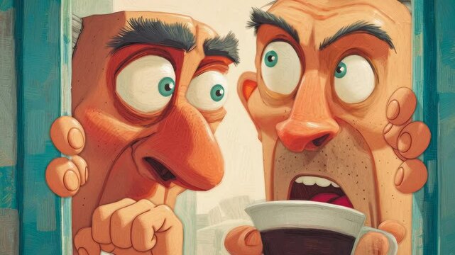 Two cartoon men peek through window. Their eyes are wide with surprise.