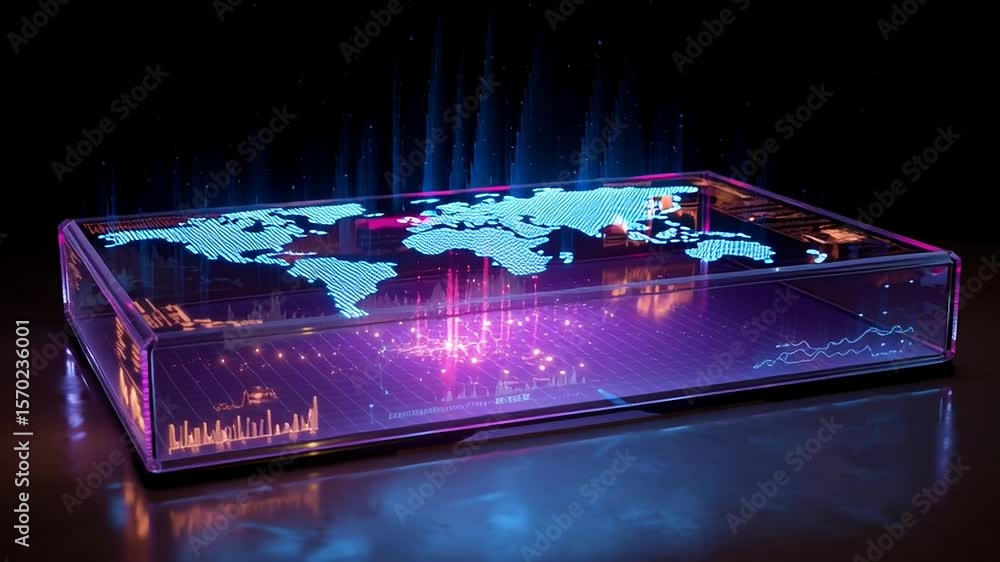 Poster glowing world map display on a transparent surface with data visualizations