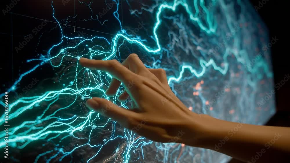 Poster hand interacting with interactive display showing blue lightning effects