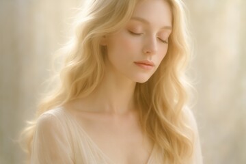 Naklejka premium Ethereal portrait of elegant woman with flowing blonde hair and soft natural lighting