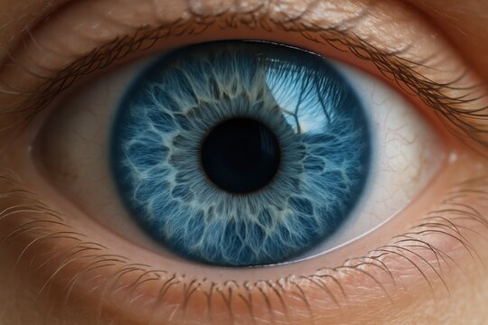 Extreme macro photography of human eye with intricate iris patterns and vivid blue coloration