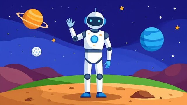 Friendly Robot Waving in a Colorful Outer Space Landscape with Floating Planets and Cosmic Background