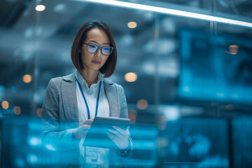 Businesswoman Asian Using Digital Tablet in Futuristic Office