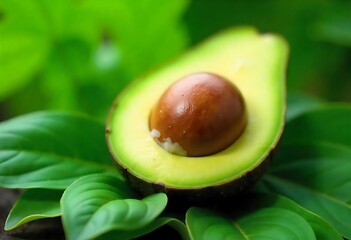 Generative AI vibrant green avocado half with seed close up on lush leaves