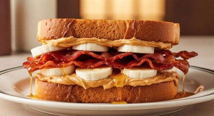 Delicious peanut butter banana bacon sandwich recipe with honey on toasted bread for breakfast or lunch