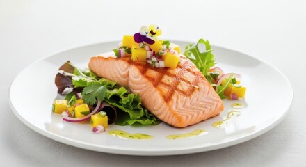 Grilled salmon fillet with mango salsa and fresh greens on a white plate food photography