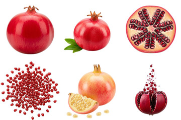 Pomegranate fruits and seeds in various arrangements on white background  