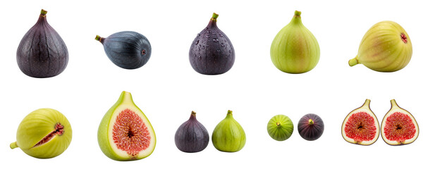 Various types of fresh figs displayed on white background  