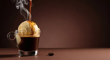 Affogato coffee dessert with ice cream scoop and espresso shot in glass cup delicious treat