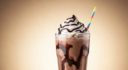Delicious chocolate milkshake with whipped cream and a colorful straw for a refreshing treat drink