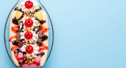 Delicious banana split dessert with ice cream chocolate sauce and cherries sweet treat food photography