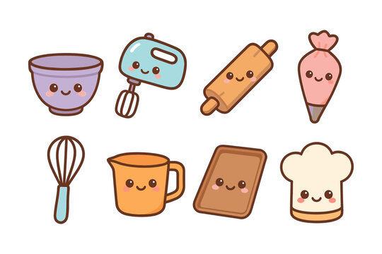 Cute baking equipment vector illustration for kitchen decor in kawaii style