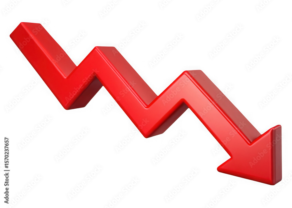 Poster red 3d arrow graph showing downward trend isolated on transparent background