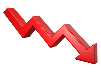 Red 3d arrow graph showing downward trend isolated on transparent background