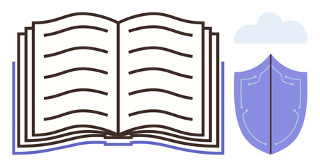 Open book with bold lines, shield icon, and subtle cloud detail. Ideal for education, knowledge, security, protection, privacy digital safety intellectual property. Simple flat metaphor