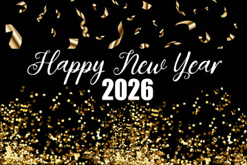 A 3D illustration of "Happy New Year 2026" with shiny gold confetti on a black background.