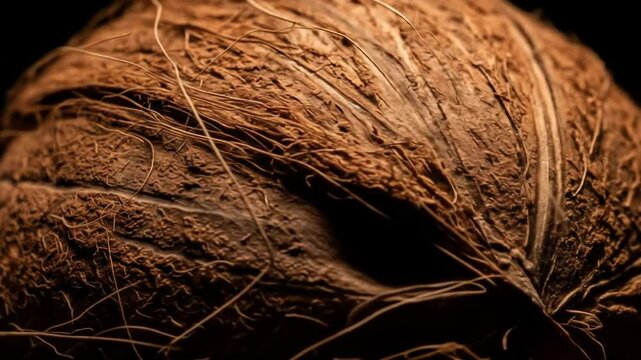 Detailed close up macro video showing texture and surface of a coconut shell with natural fibers