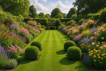 Perfectly manicured English garden featuring colorful flower borders and emerald green lawn with ornamental hedges