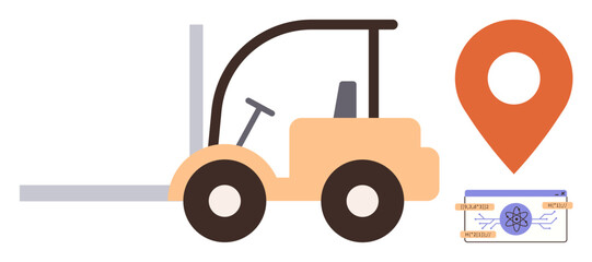 Forklift transporting goods, orange location pin, and delivery package symbolizing logistics, transportation, supply chain, inventory, cargo, warehouse management, and shipping on a simple landing