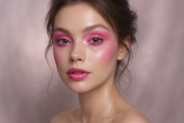 Fototapeta premium Radiant beauty portrait showcasing luminous pink makeup with soft ethereal lighting effects