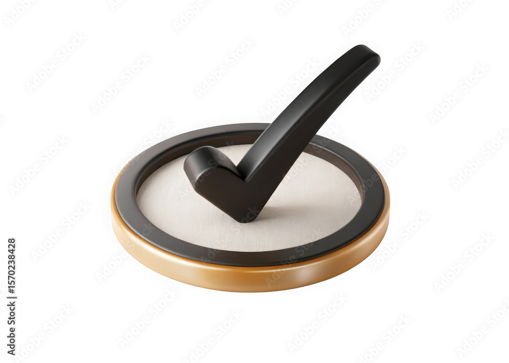 Poster 3d rendering of a black check mark inside a golden ring with a textured surface isolated on transpar