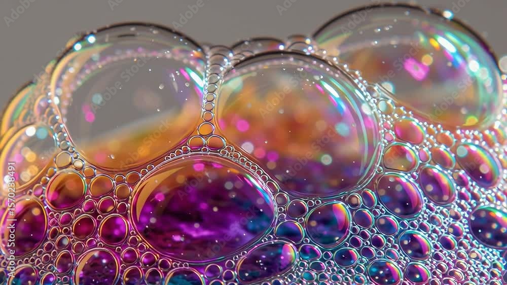 Poster close up of colorful soap bubbles with iridescent reflections and textures