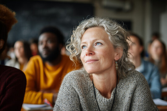 Attentively Mature student listening in diverse university class