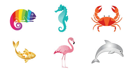 Fototapeta premium Vector vector illustration of sea animals and birds including crab dolphin flamingo seahorse chameleon and fish design 100