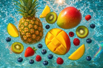 Vibrant tropical fruit medley floating in crystal clear water with refreshing splash effects and summer sunlight