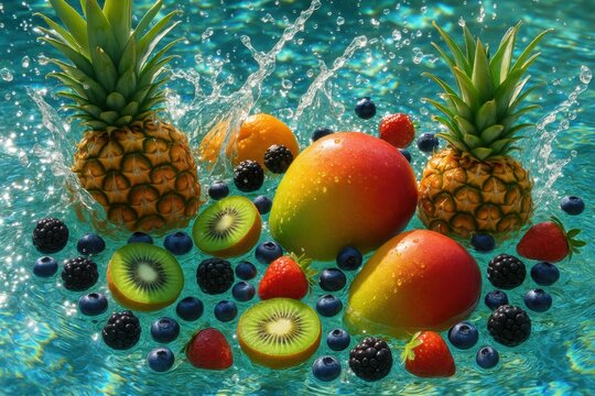 Vibrant tropical fruit medley floating in crystal clear water with refreshing splash effects and summer sunlight