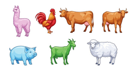 Fototapeta premium Vector illustration of farm animals including llama rooster cow pig goat and sheep vector graphic design asset