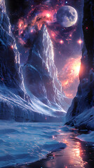 alien terrain with shimmering stars and glowing nebula sky
