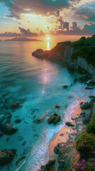 coastal cliff at golden sunset with soft blue surf below