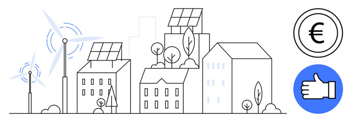 Buildings with solar panels, wind turbines, trees, Euro coin, and approval hand icon. Ideal for sustainability, green energy, eco living, clean technology climate action renewable resource simple