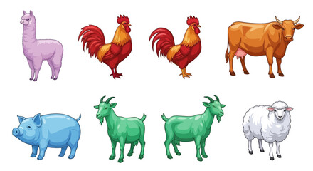 Vector illustration of farm animals including cow, pig, sheep, llama, goat and rooster vector graphics
