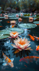 Koi fish and lotus flowers in sunlit pond