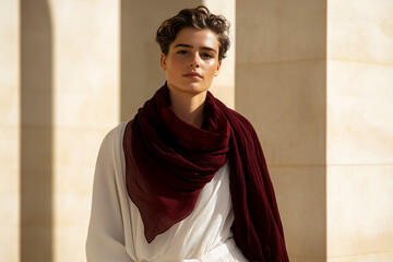Portrait of young woman with short, wavy hair in white dress and burgundy scarf, standing against sunlit beige stone columns. Concept of modern elegance, cultural heritage and subtle Eastern influence