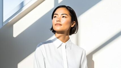 Young Asian woman with short bob in white shirt, illuminated by hard sunlight and cast shadows on light white background. Concept of beauty, natural light and modern minimalism in portrait photography