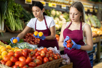 Two girl sellers puts ripe tomato in box on display case, arranges assortment in vegetable shop....