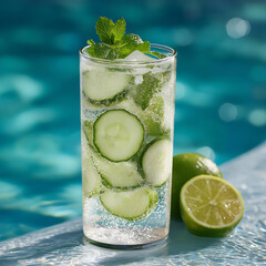 Cooling Off with a Refreshing Cucumber and Mint Summer Beverage – Perfect Poolside Vibes with an Alcohol-free Mojito Style Drink and Iced Green Hues