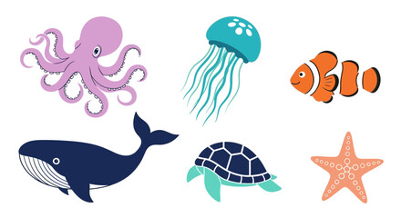 Vector ocean life illustration featuring octopus jellyfish clownfish whale turtle and starfish vector graphic design