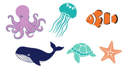 Naklejka premium Vector cute ocean animals cartoon illustration set featuring octopus jellyfish clownfish whale turtle and starfish vector art