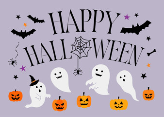 ハロウィンのイラストセット(魔女 おばけ かぼちゃ ジャックオランタン 蜘蛛の巣 墓 ベクター 編集可能)