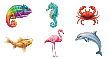Vector colorful animal illustration featuring chameleon seahorse crab fish flamingo and dolphin wildlife design art vector
