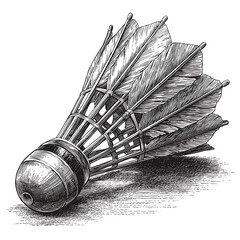 Vintage Shuttlecock Sketch: Traditional Badminton Sports Equipment Featuring Feathers and Wooden Base for Recreational and Competitive Racket Sports Activities