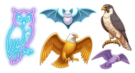 Vector illustration of neon owl, bat, bald eagle, falcon, and bird of prey vector design graphic art 100 character
