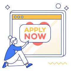 Obraz premium A person is sitting and pointing at a computer screen with the words apply now in large letters and a bright modern design