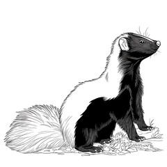 Black and White Skunk Illustration: Wildlife Character Design with Bushy Raised Tail and Fur Texture in Vintage Style Vector Artwork
