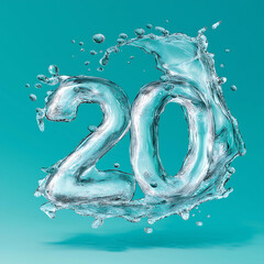 3D Water Splash Number Twenty Design: Celebrating Clean Blue Refreshing Fluid Motion in Nature Graphics