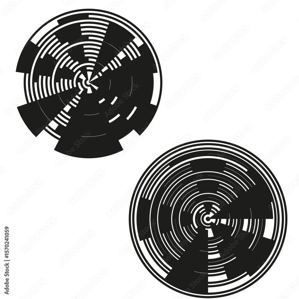 Poster circular abstract patterns. segmented disc forms. geometric radial elements. vector modern illustrat